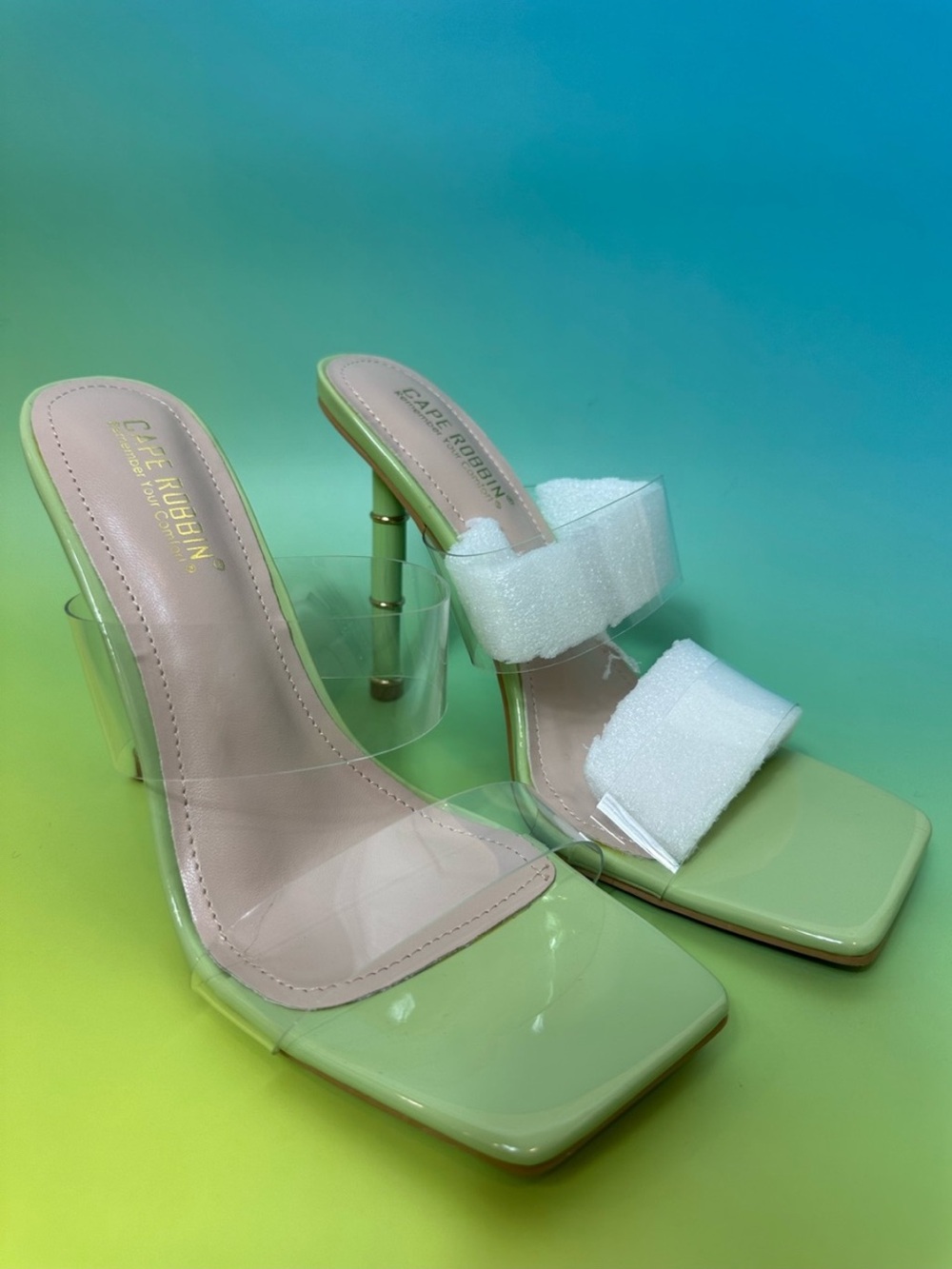 Cape Robbin Women’s Mint Green Clear Strap Block Bamboo Heels Size 11 NWB